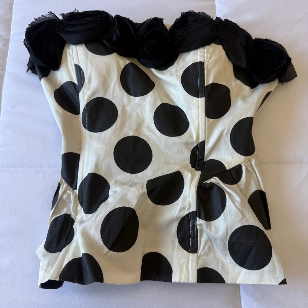 Forever 21 Strapless Polka Dot Peplum Corset Top 3D Rosette Collar Built In Bra